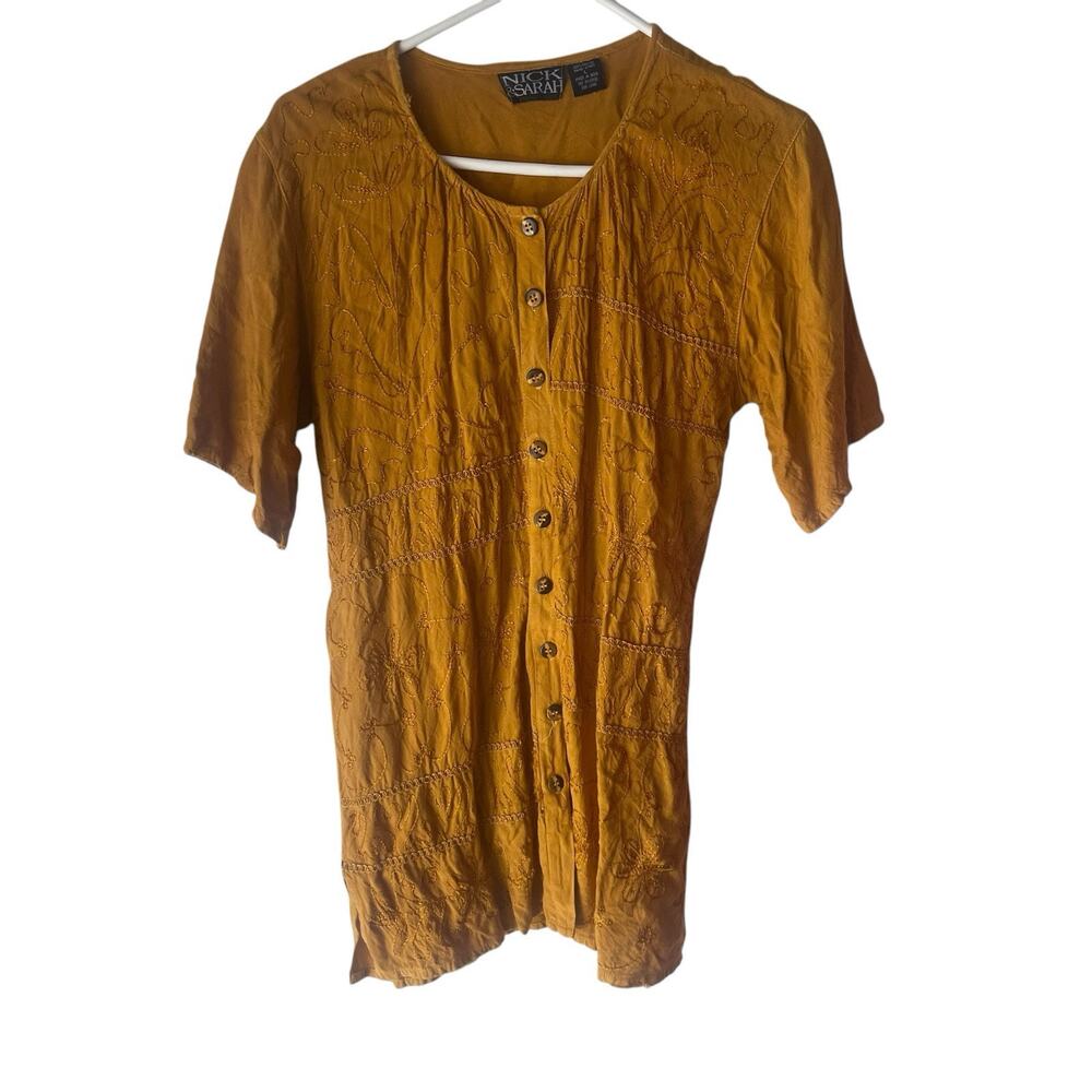 Nick & Sarah Vintage 90s Large Yellow Embroidered Grunge‎ Boho Button Up Top